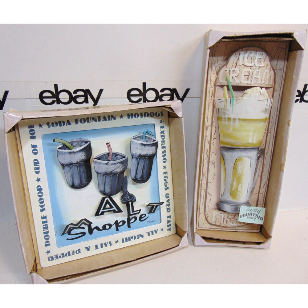 Ice Cream Soda Shoppe Signs 3D Fountain Malt Hotdog Expresso Scoops Drinks VTG